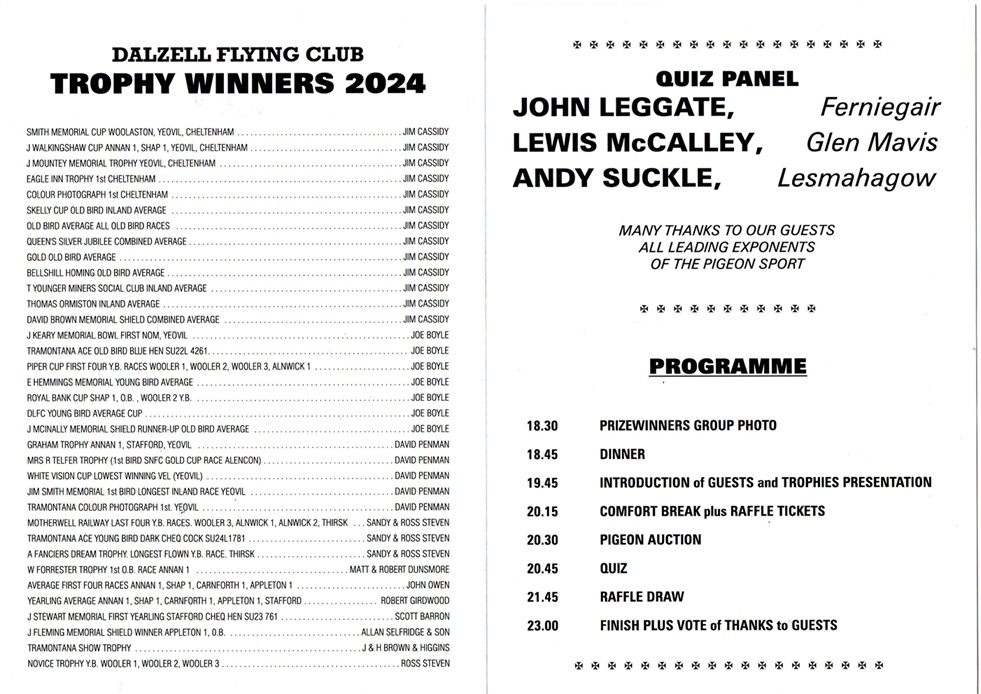 Brochure including winners details and photos of performance pigeons at Dalziel club 14 02 25a